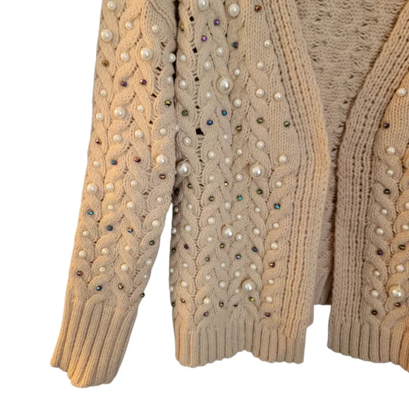 Bibi Boutique Brand Twisted Knit Open Cardigan With Pearls M - Picture 3 of 12